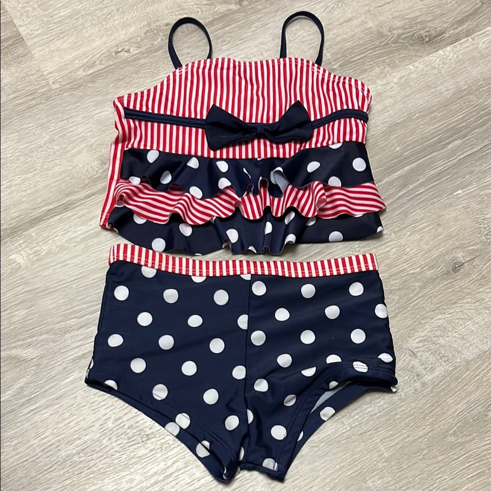 Navy Polka Dot and Striped Swimsuit